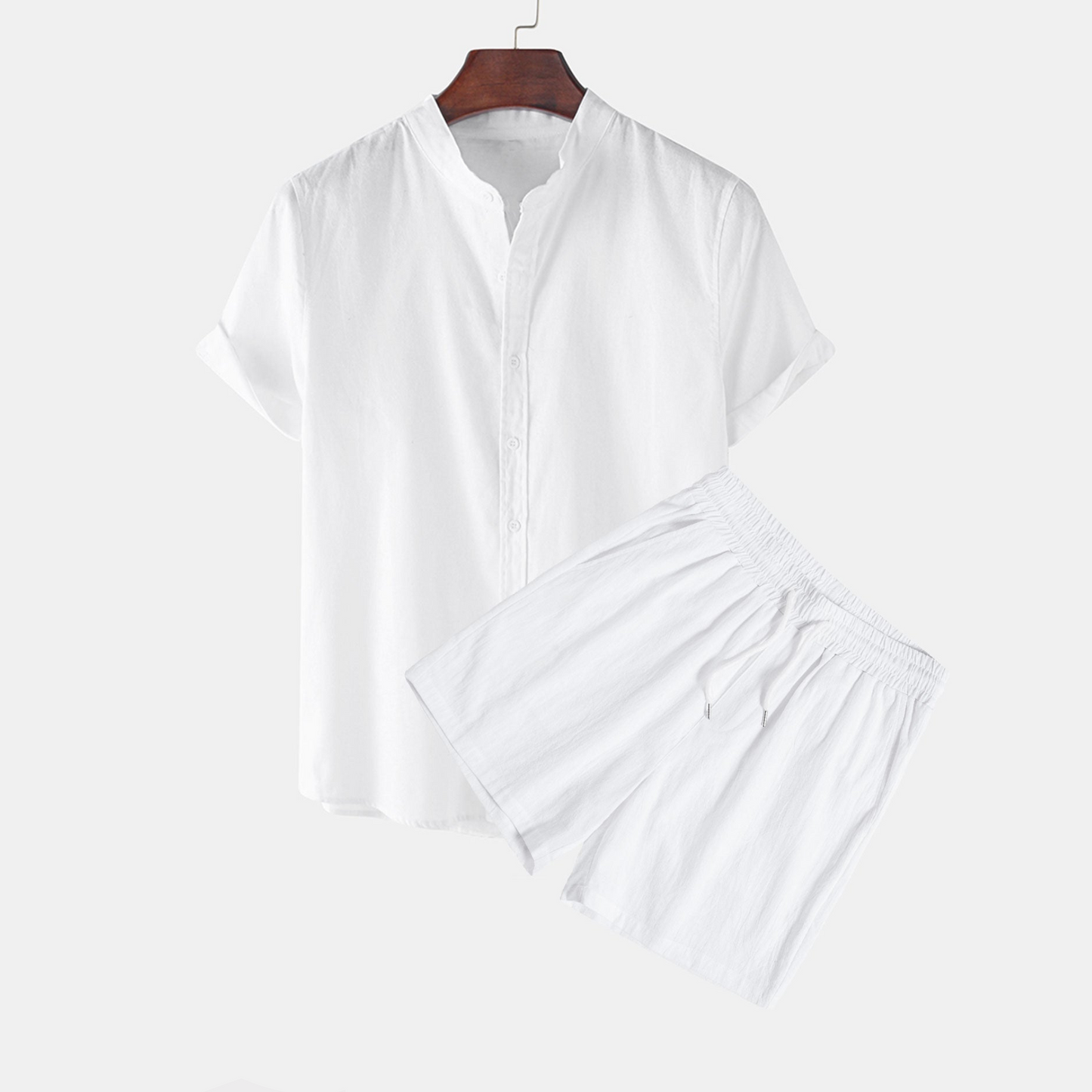 Men's Structured Cotton Shirt and Shorts with Mandarin Collar