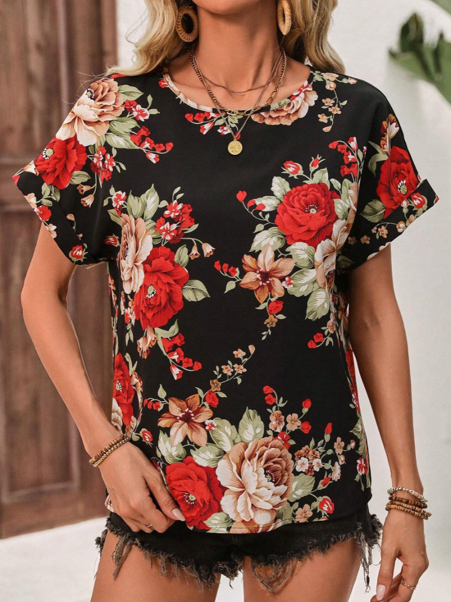 Floral Print U-neck Short-sleeve Top