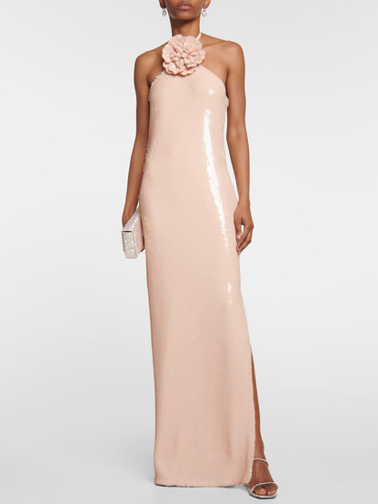 Apricot Floral Halter Neck Sequined Gown