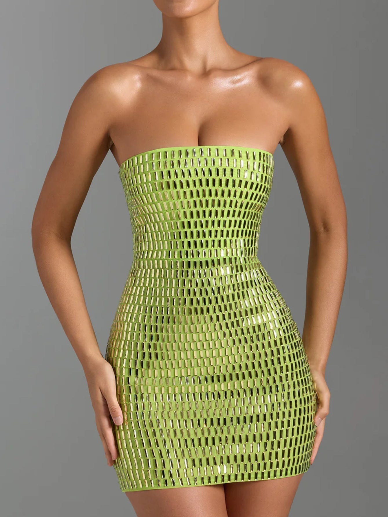 Glamorous Lime Green Bodycon Dress with Gold Sequins for Night Out