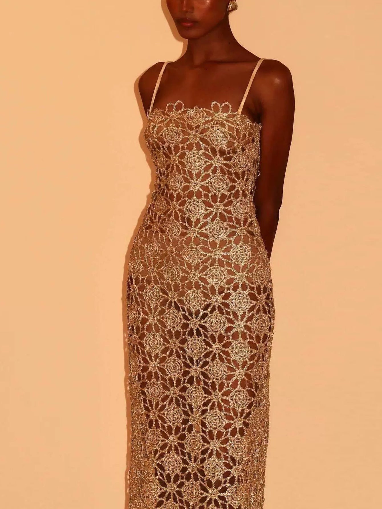 Halterneck Midi Dress with Intricate Crochet Detailing