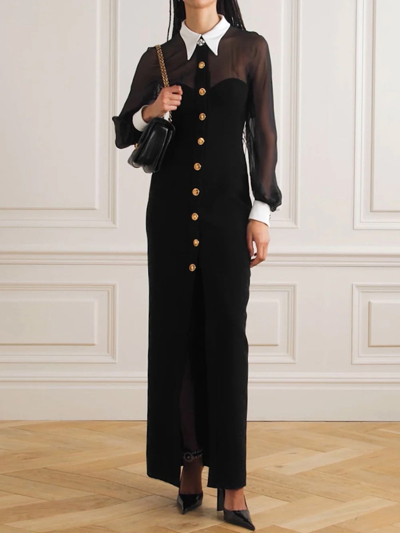 Black Long Dress with Sheer Sleeves & Gold Buttons - Elegant & Chic