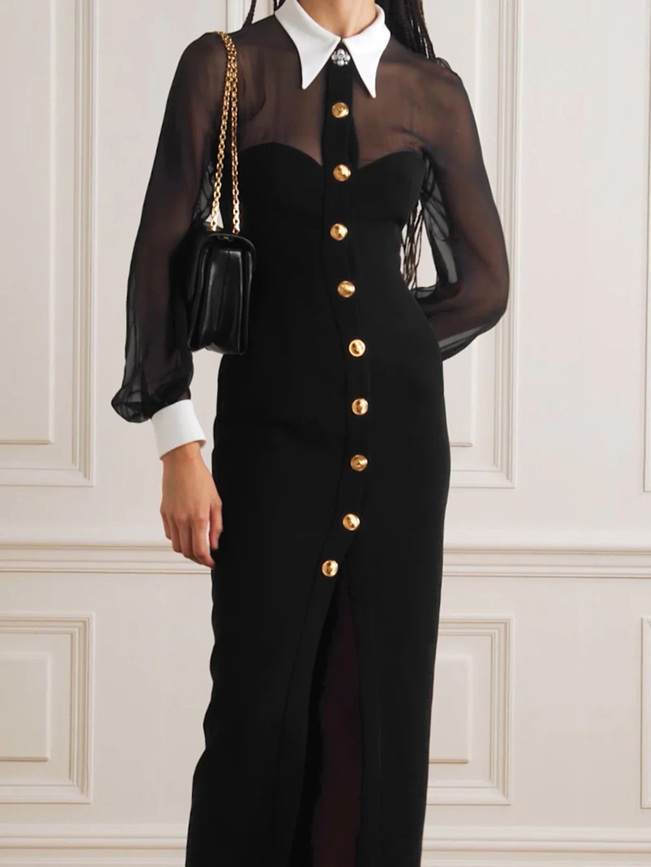 Black Long Dress with Sheer Sleeves & Gold Buttons - Elegant & Chic