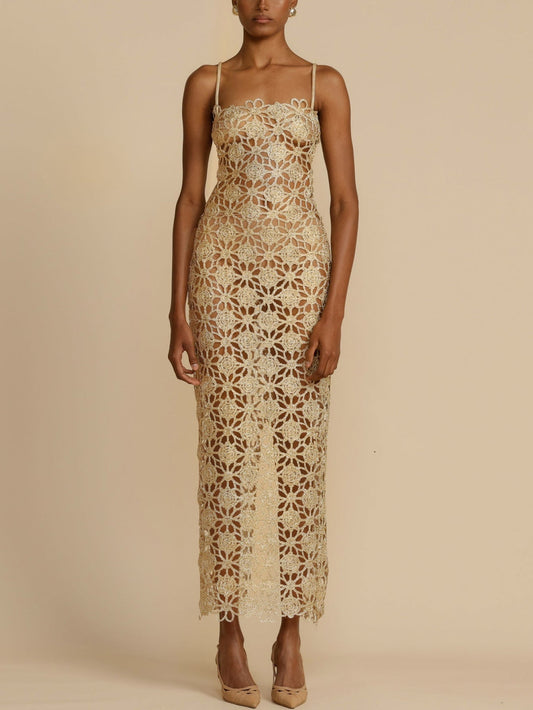 Halterneck Midi Dress with Intricate Crochet Detailing