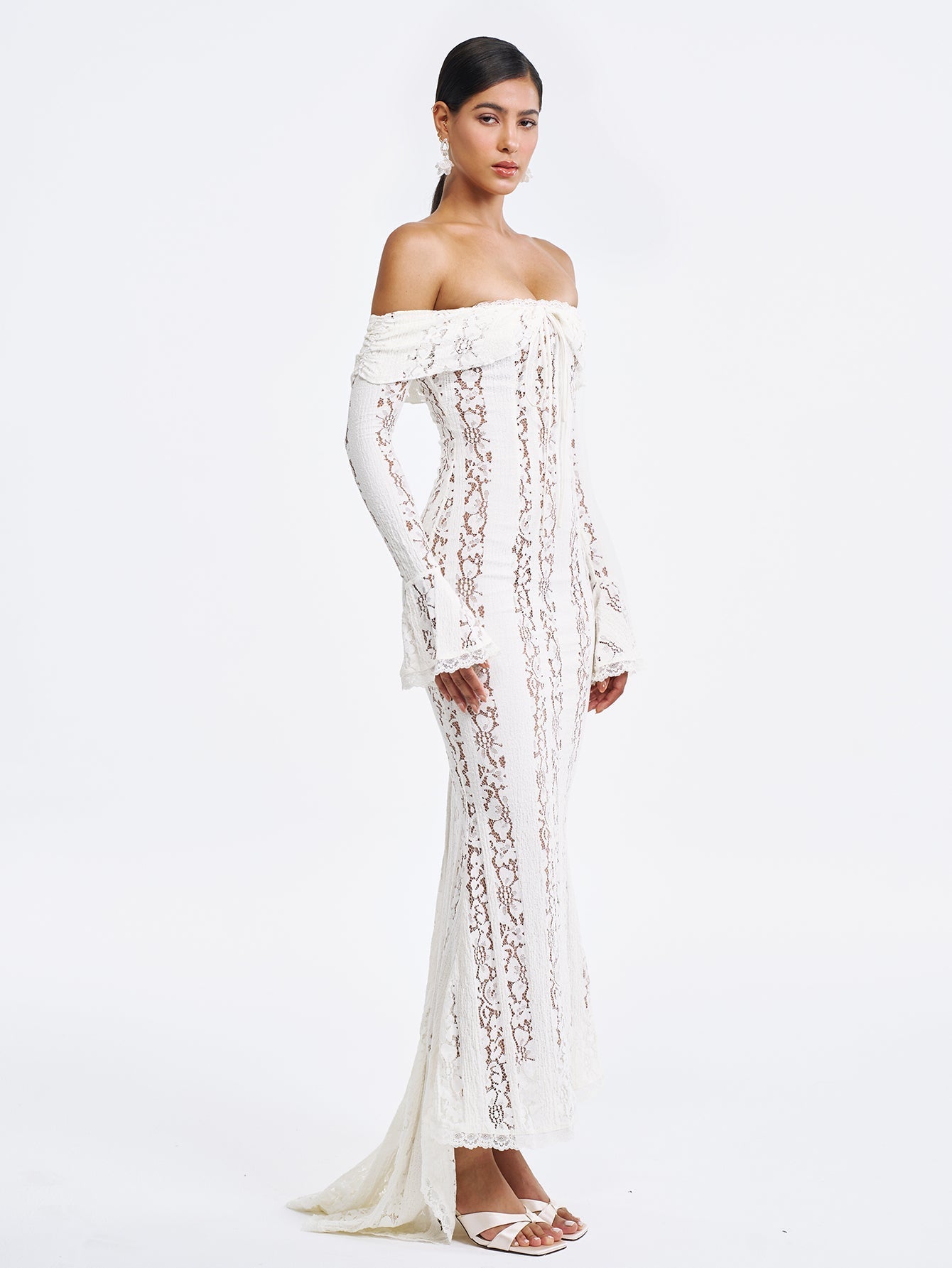 Floral Lace Long Sleeve Off Shoulder Maxi Dress