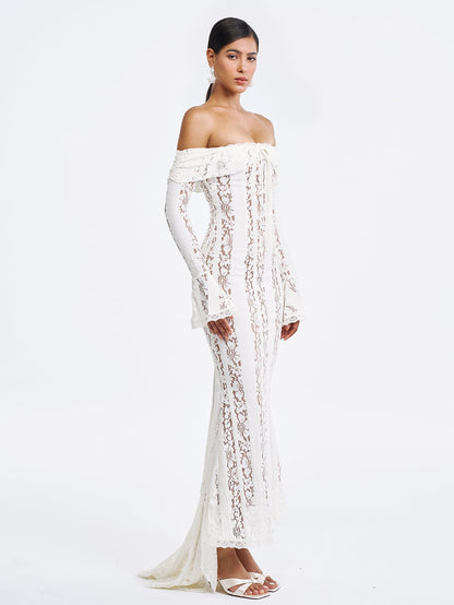 Floral Lace Long Sleeve Off Shoulder Maxi Dress