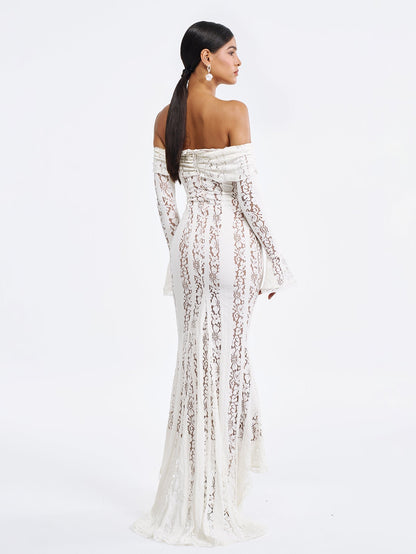 Floral Lace Long Sleeve Off Shoulder Maxi Dress