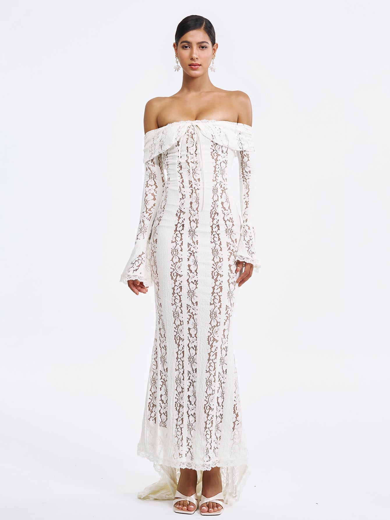 Floral Lace Long Sleeve Off Shoulder Maxi Dress