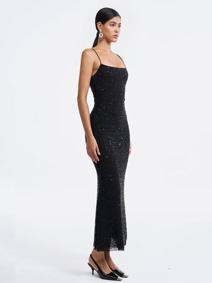 Beaded Slip Gown with Square Neckline