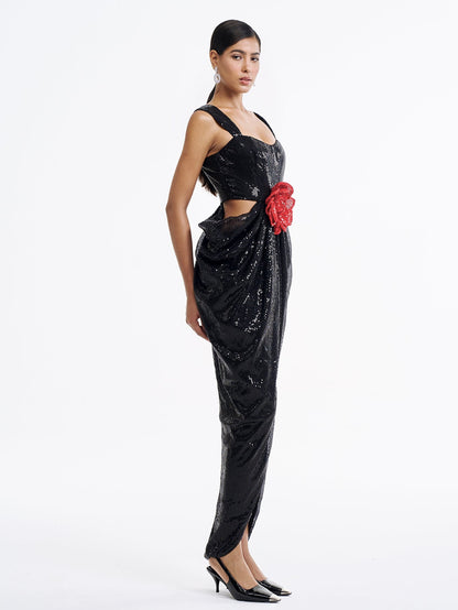 Sequin Gown with Red Flower Belt