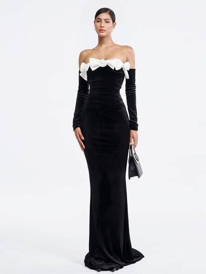 Off-the-Shoulder Velvet Gown with Bow Detailing - Black & White