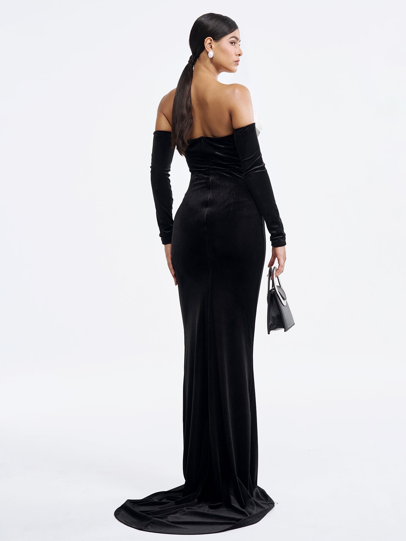 Off-the-Shoulder Velvet Gown with Bow Detailing - Black & White