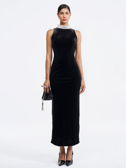 Black Velvet Gown with Pearl Embellished Neckline