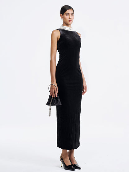 Black Velvet Gown with Pearl Embellished Neckline