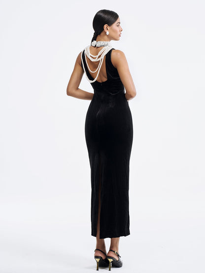 Black Velvet Gown with Pearl Embellished Neckline