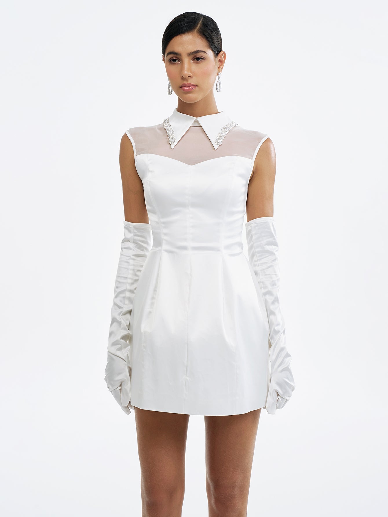 White Mini Dress with Sheer Collar and Gloves