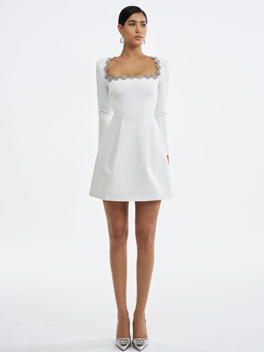 Sparkling Square Neckline Long-Sleeve White Mini Dress with Pockets