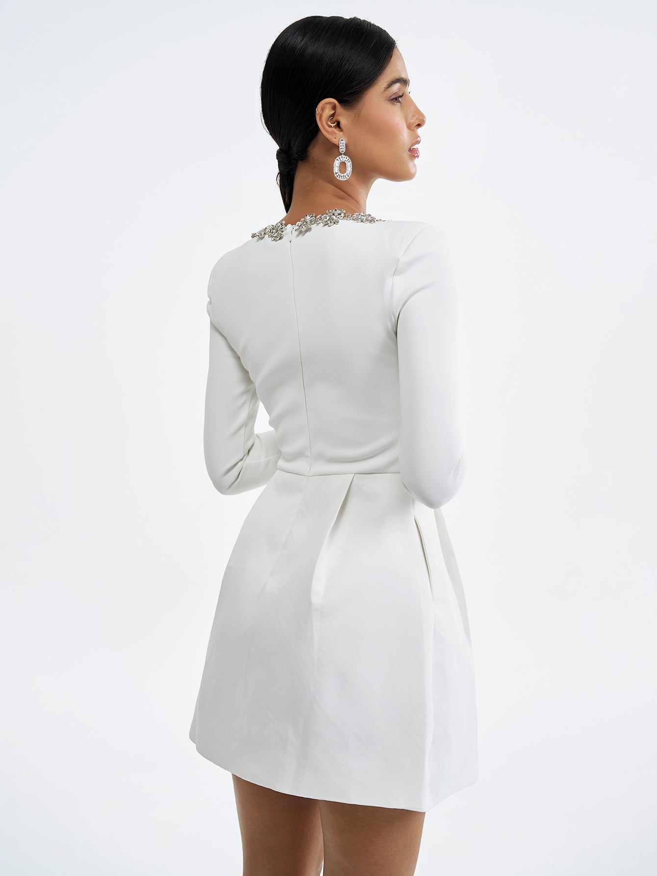 Sparkling Square Neckline Long-Sleeve White Mini Dress with Pockets