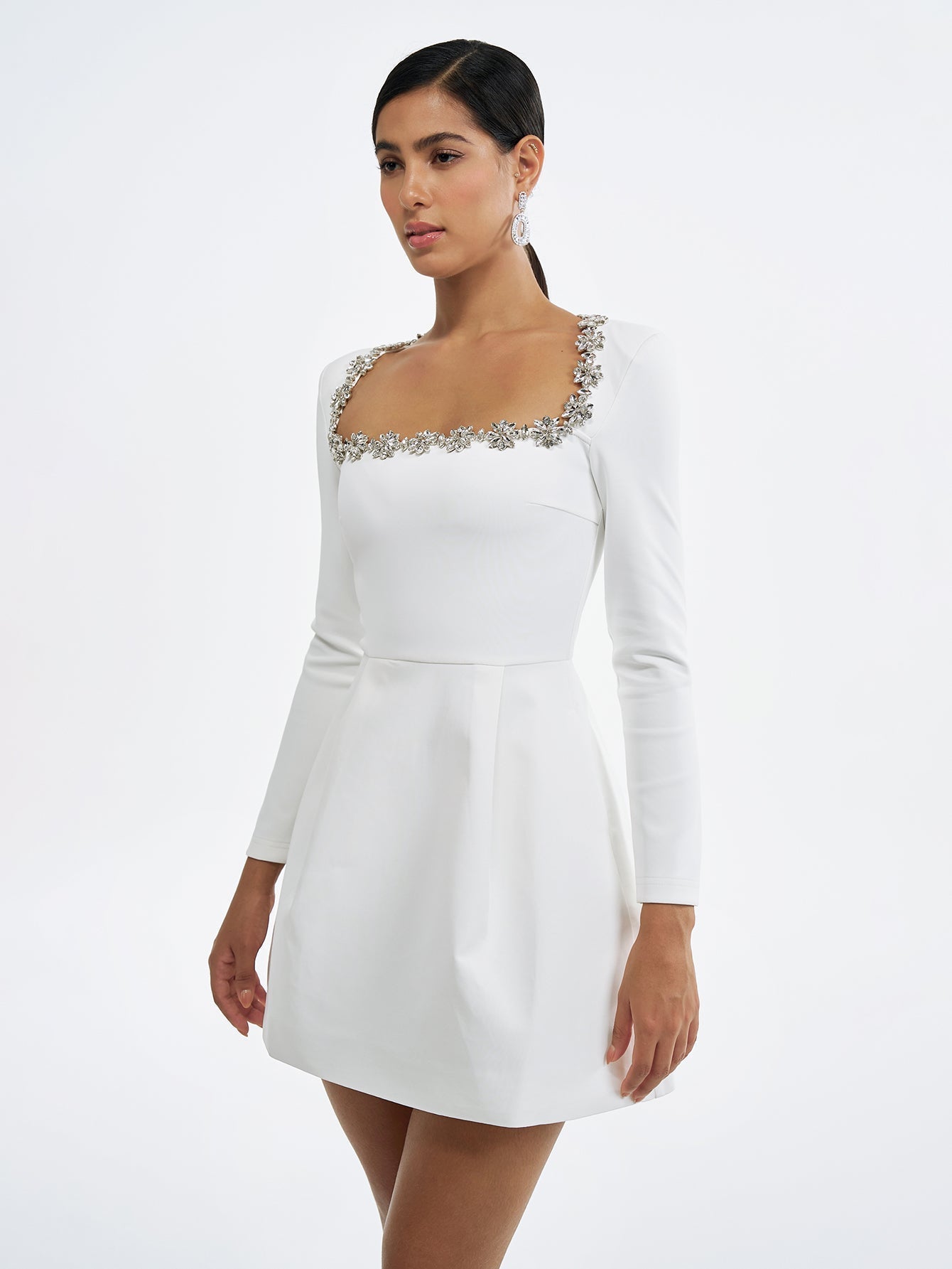 Sparkling Square Neckline Long-Sleeve White Mini Dress with Pockets