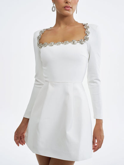 Sparkling Square Neckline Long-Sleeve White Mini Dress with Pockets