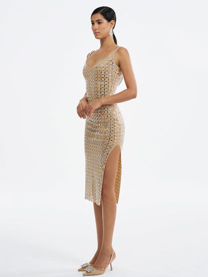 Sequin Grid Bodycon Dress with Slit