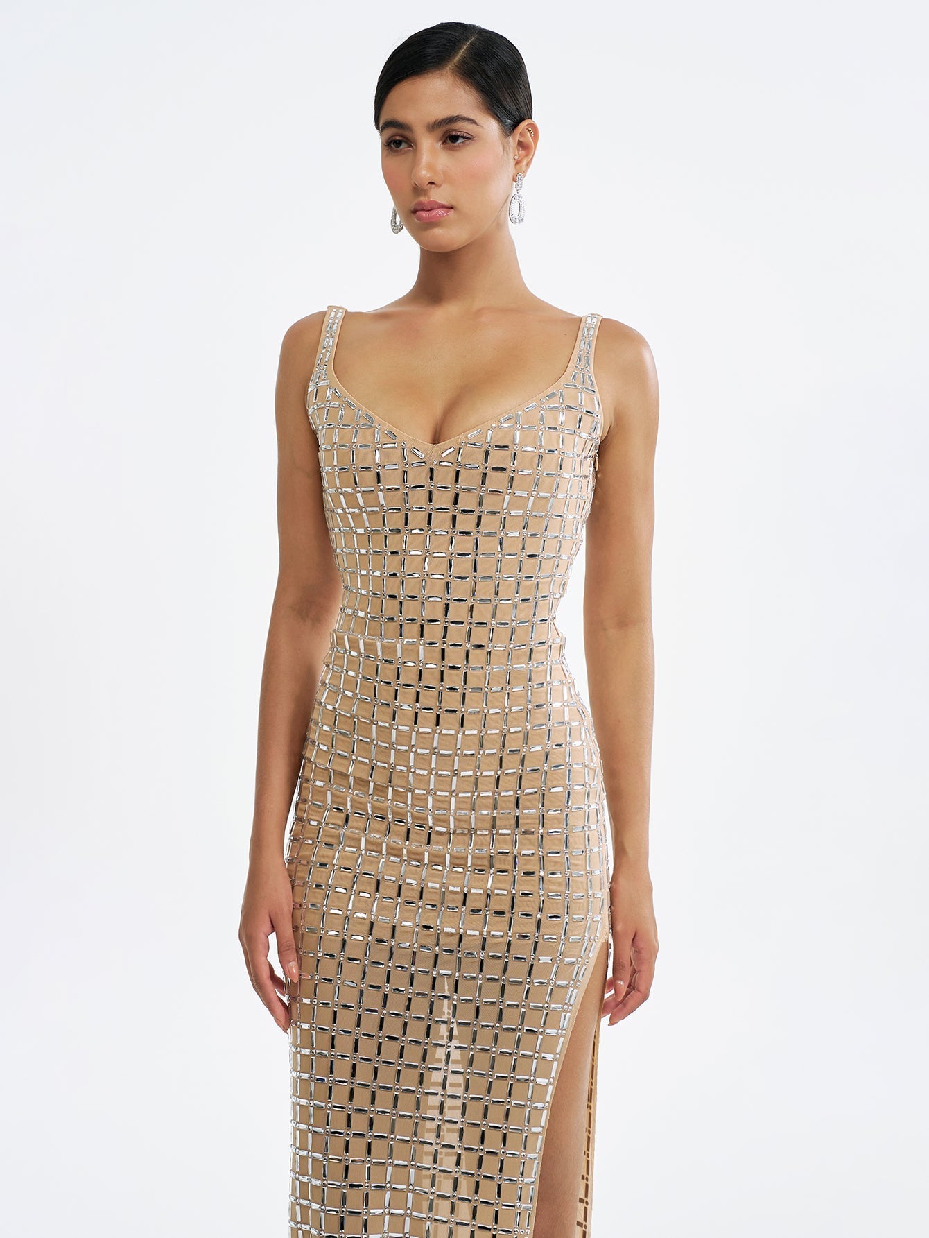 Sequin Grid Bodycon Dress with Slit