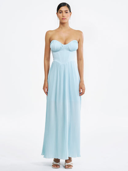 Strapless V Neck Pleated Corset Maxi Party Dress