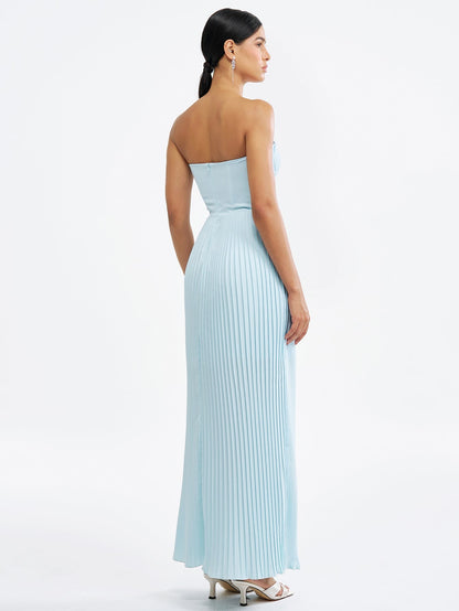 Strapless V Neck Pleated Corset Maxi Party Dress