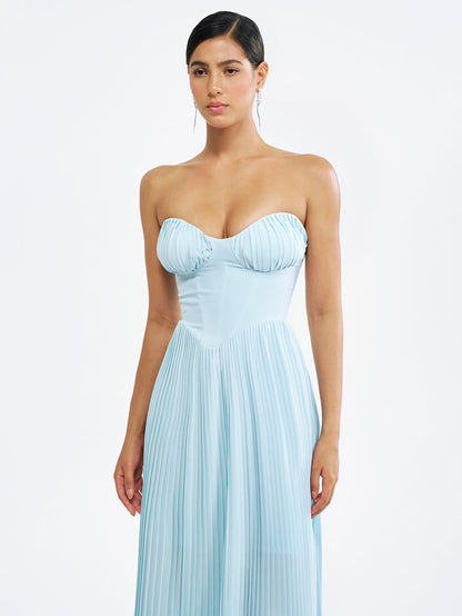 Strapless V Neck Pleated Corset Maxi Party Dress