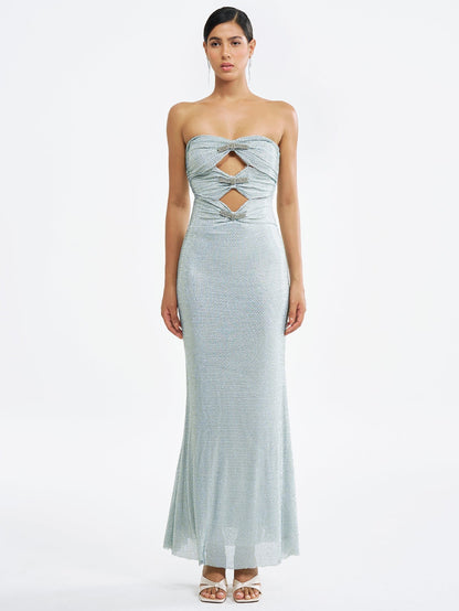 Sparkling  Strapless Maxi Dress with Cutouts and Crystals