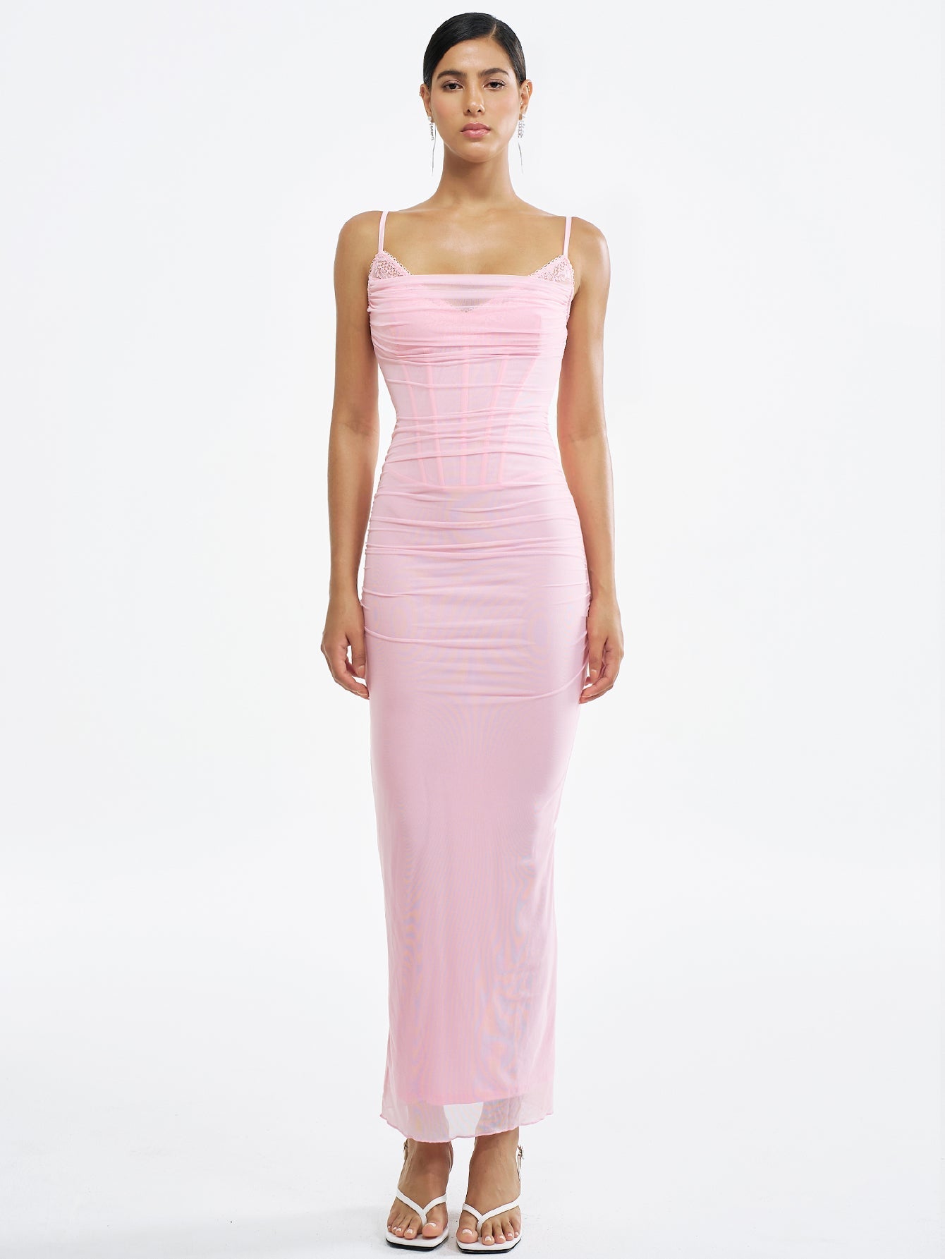 Elegant Spaghetti Strap Bodycon Mesh Maxi Dress