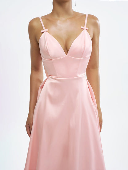 Elegant Satin Dress with Bow Straps