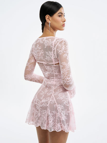 Lace Long Flare Sleeve Pleated Mini Dress