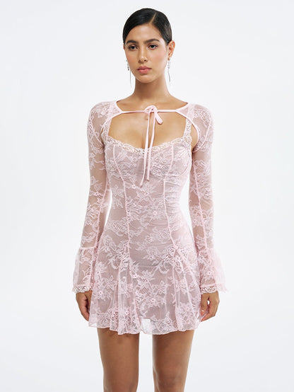 Lace Long Flare Sleeve Pleated Mini Dress