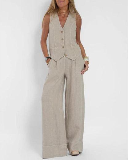 MELIA - Effortlessly Chic Sleeveless Vest And Wide Leg Pants Set