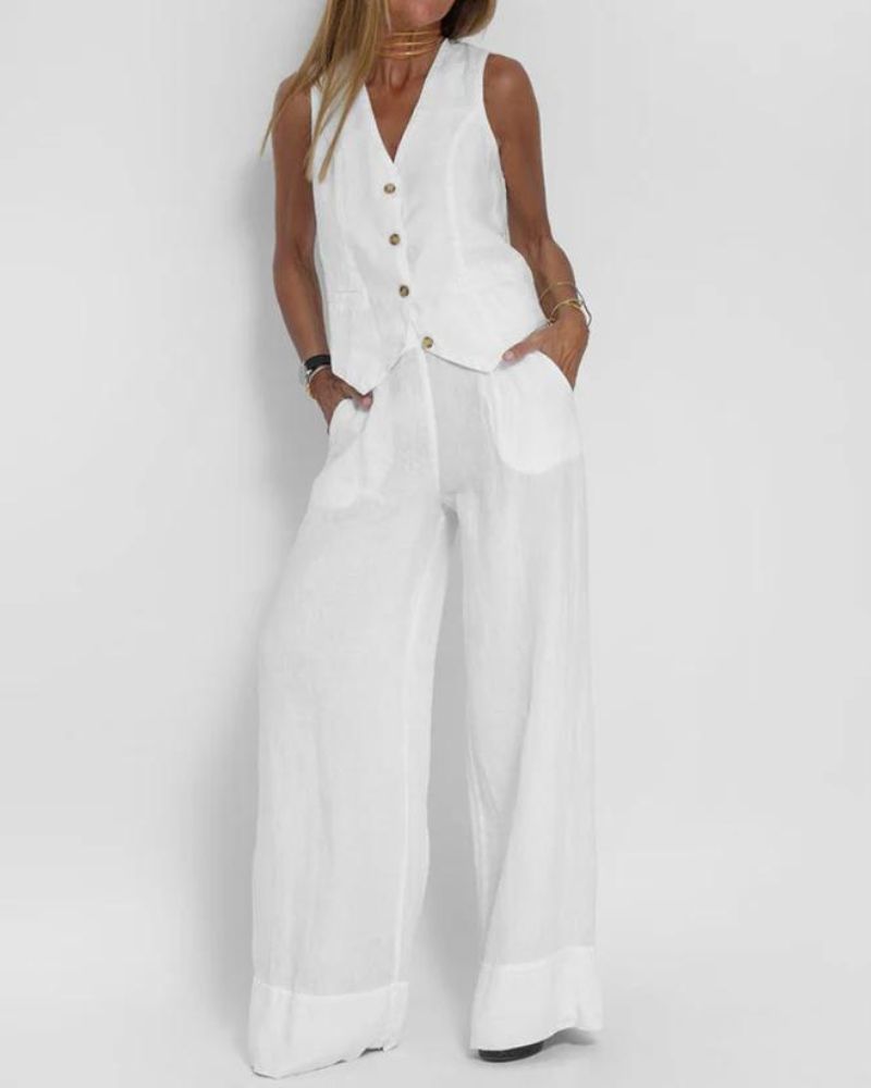 MELIA - Effortlessly Chic Sleeveless Vest And Wide Leg Pants Set