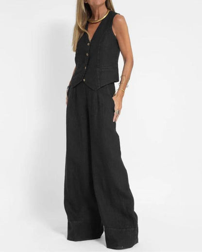 MELIA - Effortlessly Chic Sleeveless Vest And Wide Leg Pants Set