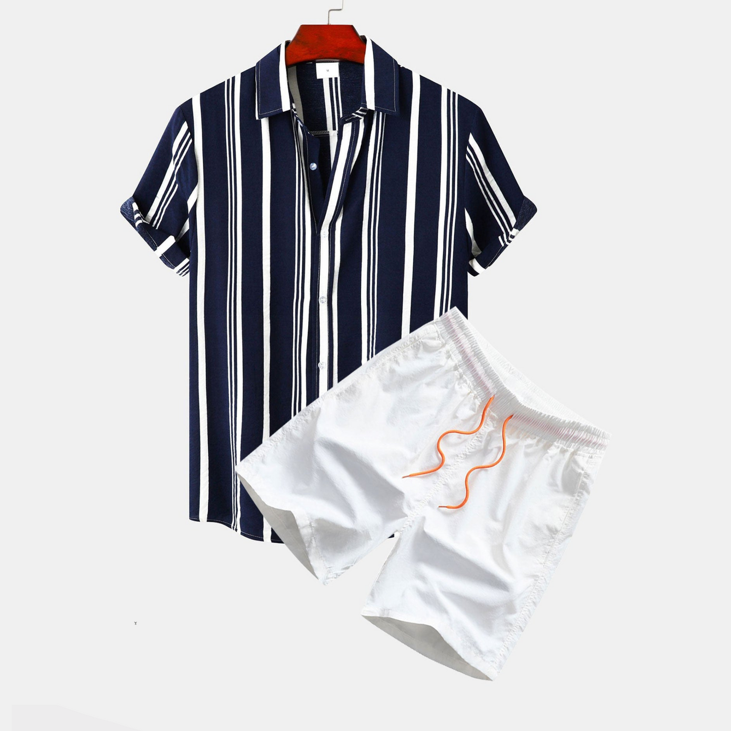 Shirt and Swim Shorts with Striped Pattern and Buttons