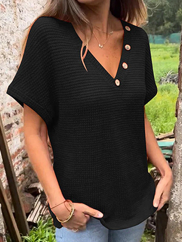 Women's Waffle Short Sleeve Button Up V-Neck T-Shirt 64097564YM