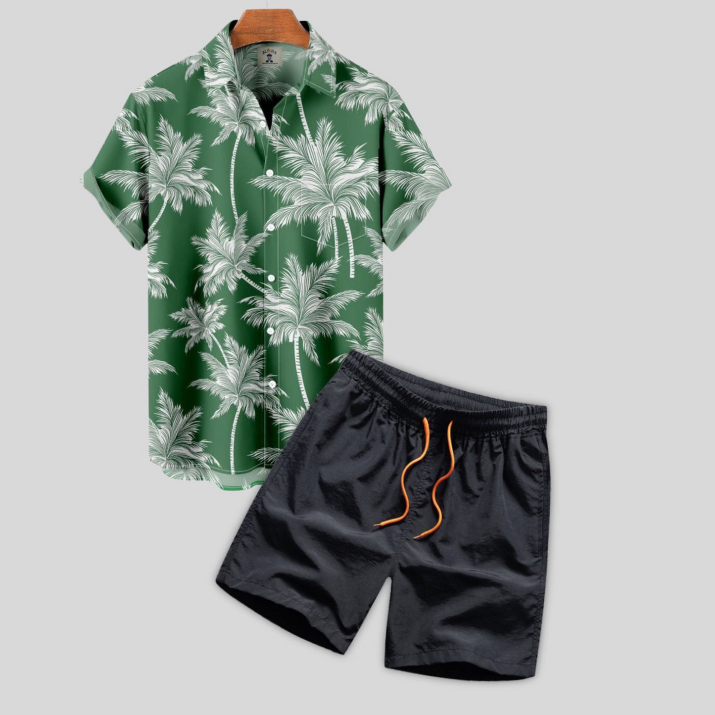 Shirt with Button Placket and Swim Shorts with Palm Print