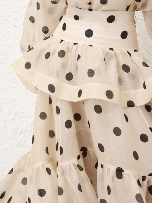 Elegant Polka Dot Ruffle Dress Set(No belt)