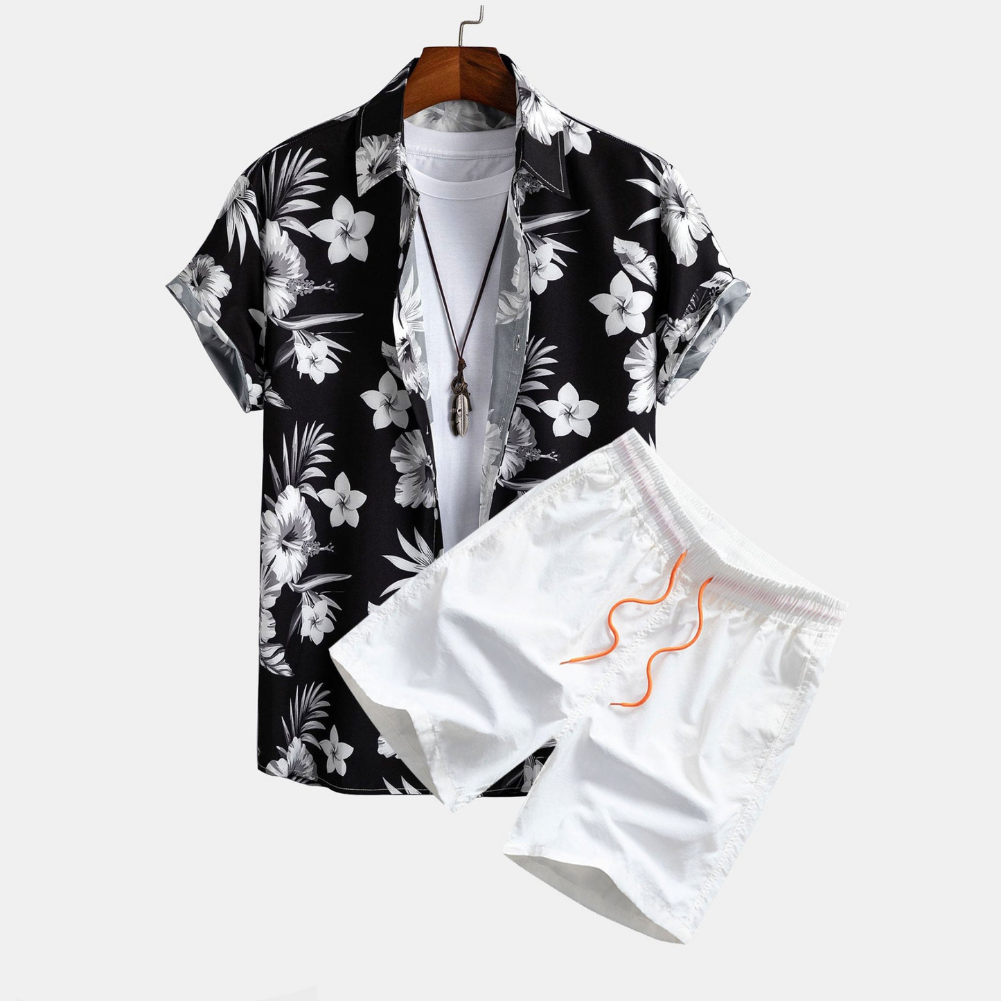 Buttoned Shirt and Swim Shorts with Tropical Floral Print