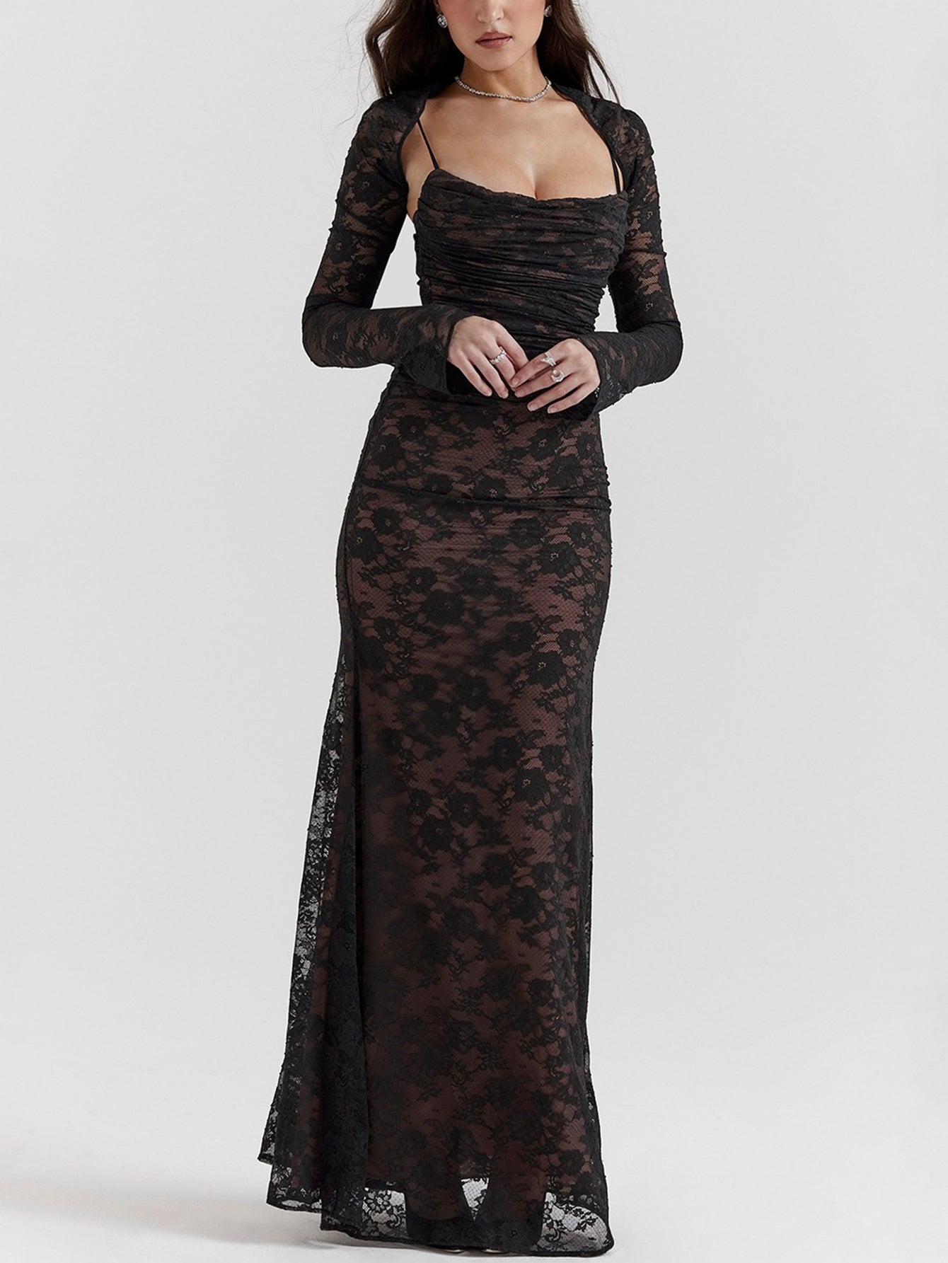 Sexy Shrug Ruched Lace Maxi Fishtail Dress