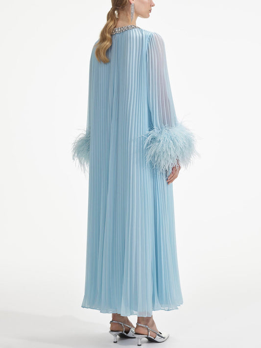 Feathered Cuff Embellished Pleated Gown