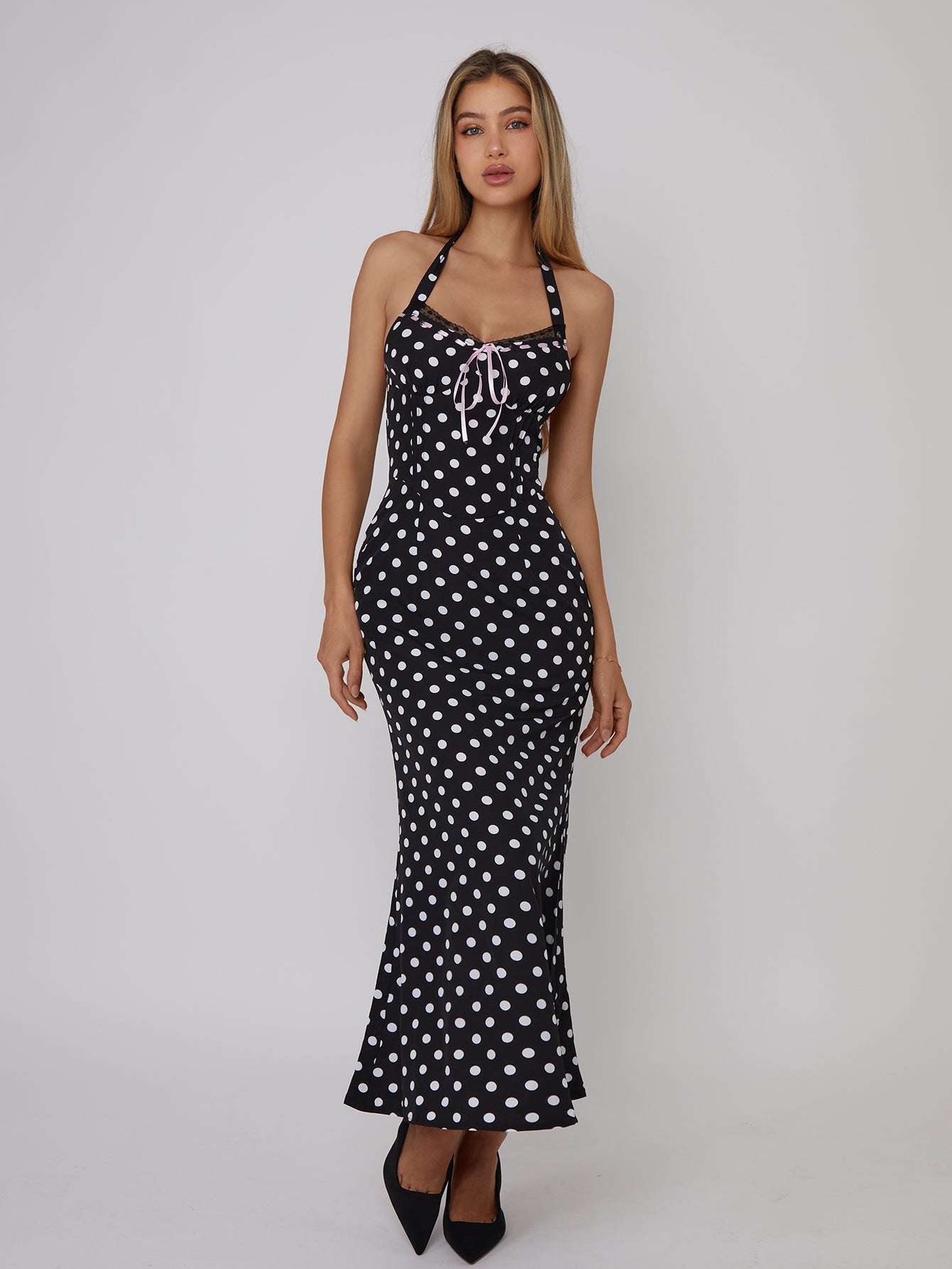 Polka Dot Halter Maxi Dress with Corset Detailing