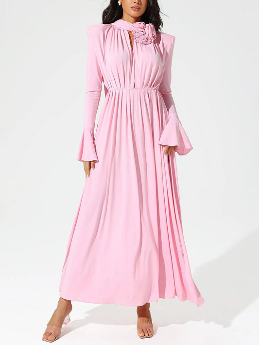 Pink Deep V-Neck Gown with Rose Embellishment