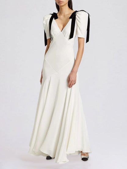 Elegant Solid V Neck Maxi Dress With Ribbon Bow