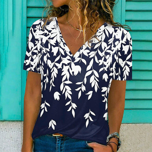 Stylish V-Neck Leaf Print T-Shirt