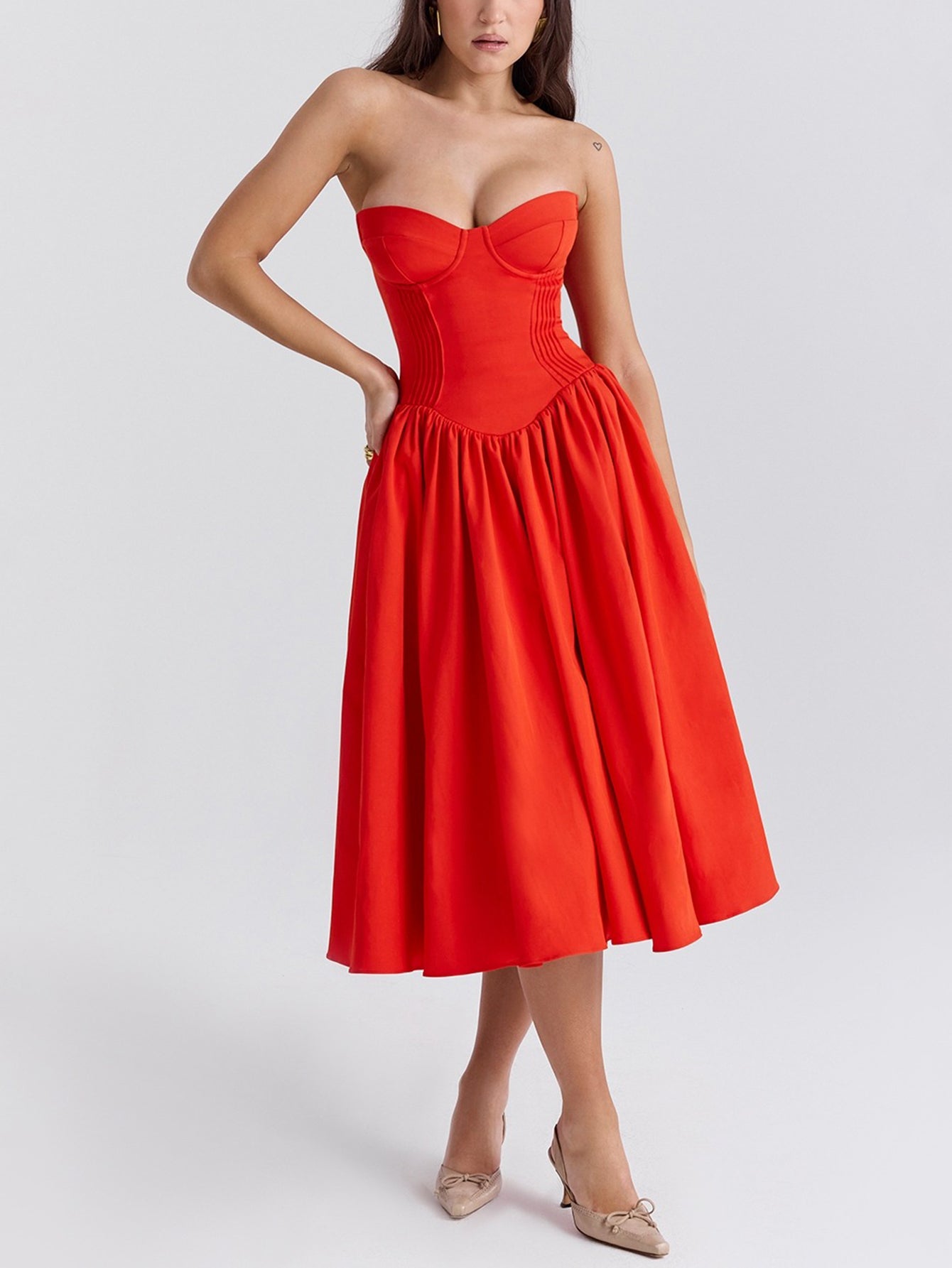 Strapless Pleated Flare Midi Dress