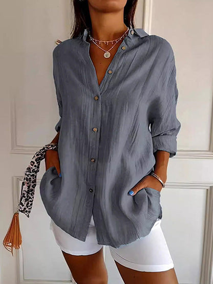 Women's Solid Color Single-breasted Pleated Roll-sleeve Lapel Shirt 39095361YM